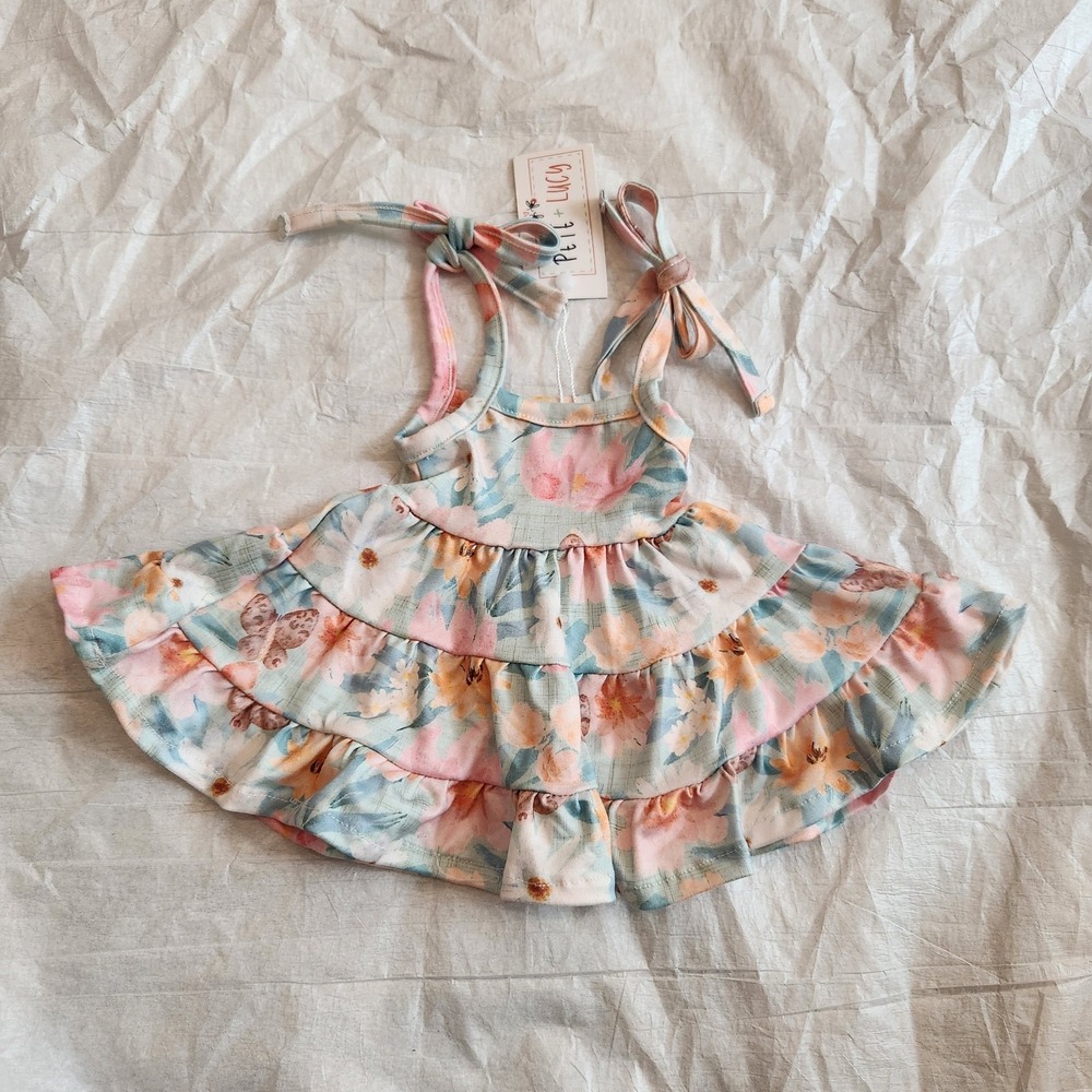 New Pete + Lucy Baby Girls Floral Butterfly Ruffle Tiered Dress Milk Silk 6-12